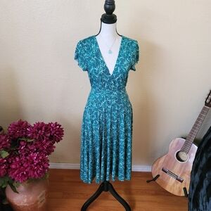 Vintage 90s Teal Patterned Midi Dress Small